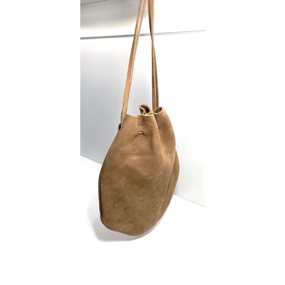 Genuine Leather and Suede Drawstring Bucket Bag Tan Brown Boho Hand Purse